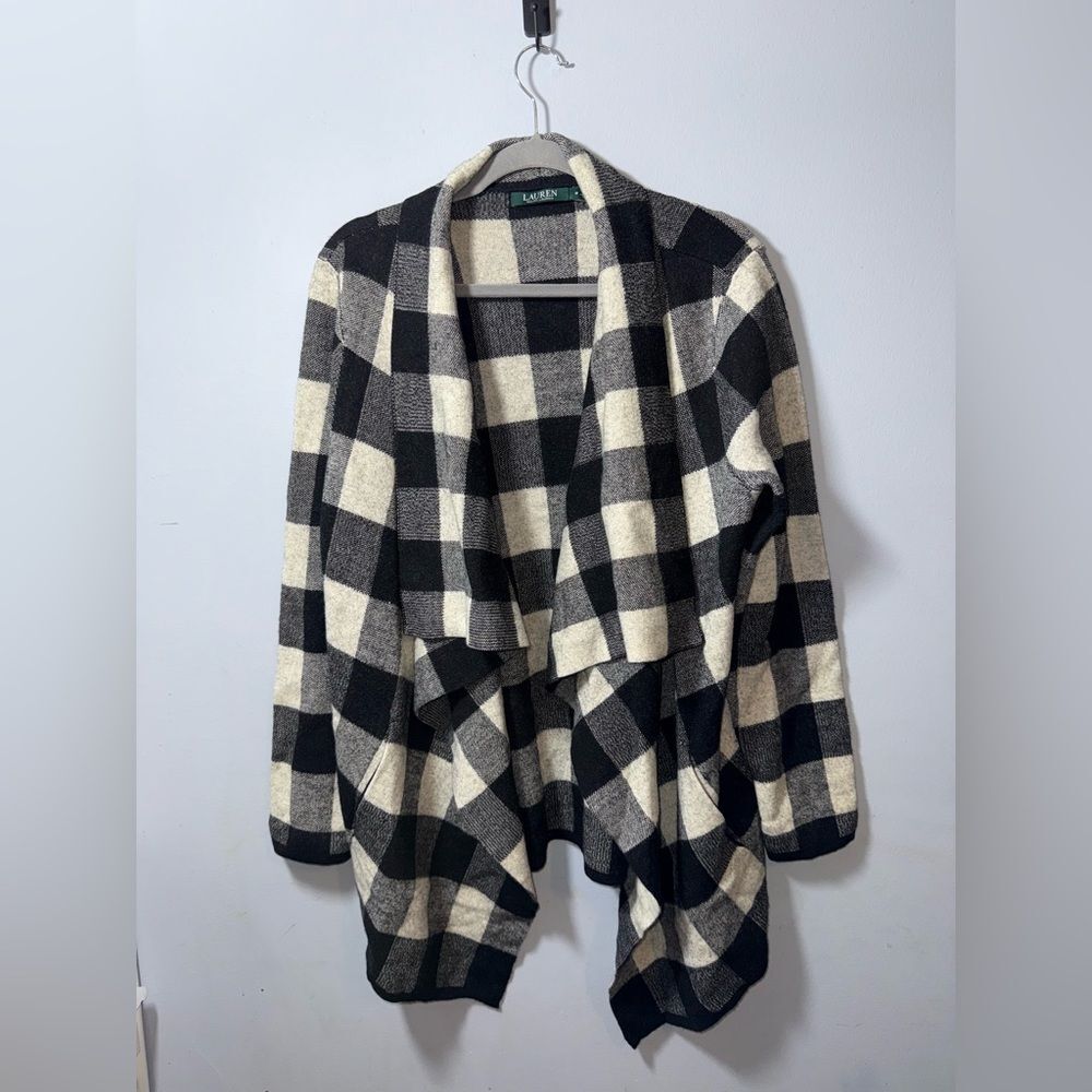 Lauren Ralph Lauren buffalo check 100% wool draped front cardigan M GUC* holiday